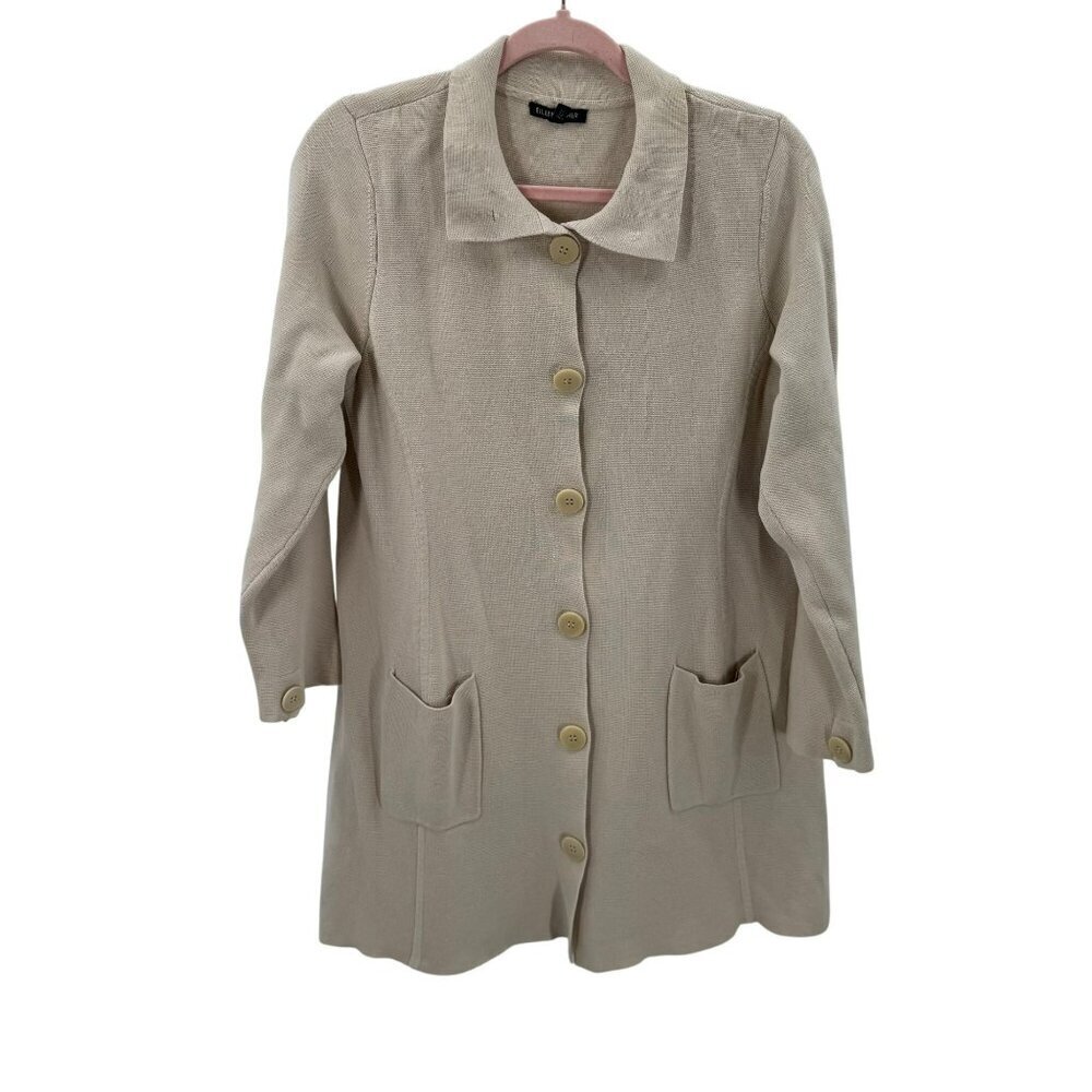 Eileen Fisher Cream Button Front Cardigan Womens L Silk-Cotton Blend Long Sleeve
